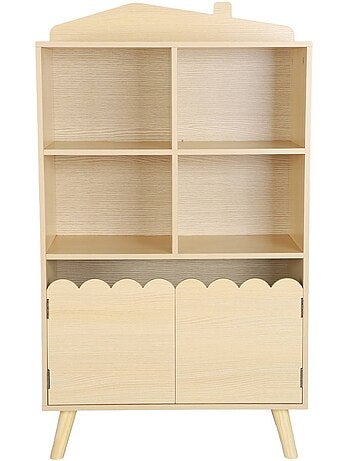 Bibliothèque enfant bois de pin 2 portes 4 étagères azur