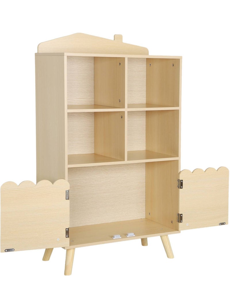 Bibliothèque enfant bois de pin 2 portes 4 étagères azur Beige naturel - Kiabi