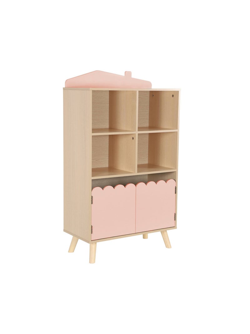 Bibliothèque enfant bois de pin 2 portes 4 étagères Azur Rose - Kiabi