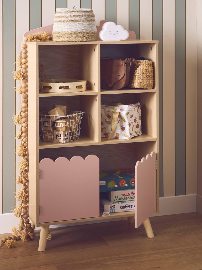 Bibliothèque enfant bois de pin 2 portes 4 étagères Azur Rose - Kiabi