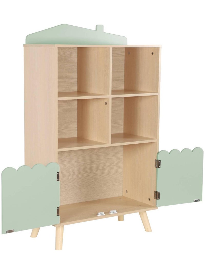 Bibliothèque enfant bois de pin 2 portes 4 étagères Azur Vert - Kiabi