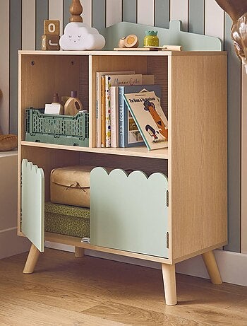 Bibliothèque enfant décor bois 2 étagères 2 portes Azur