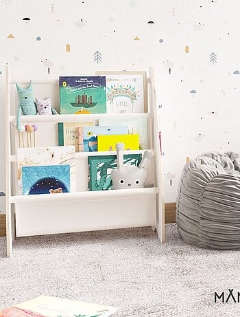 Bibliothèque enfant en bois & tissu – 52×25×63 cm