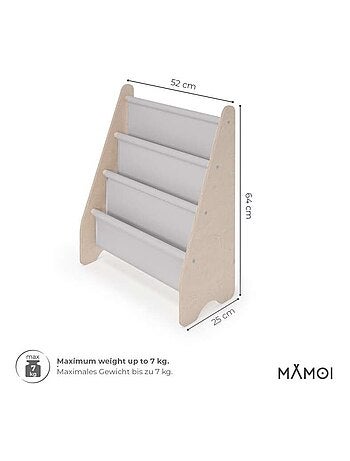 Bibliothèque enfant en bois & tissu – 52×25×63 cm