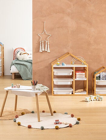 Bibliothèque enfant en forme de maison avec 3 bacs de rangement