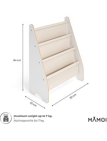Bibliothèque enfant MAMOI en bois blanc & tissu – 52×25×63 cm