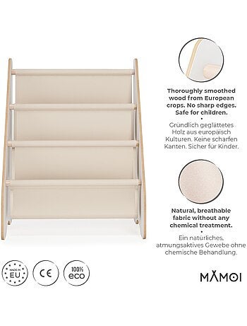 Bibliothèque enfant MAMOI en bois blanc & tissu – 52×25×63 cm