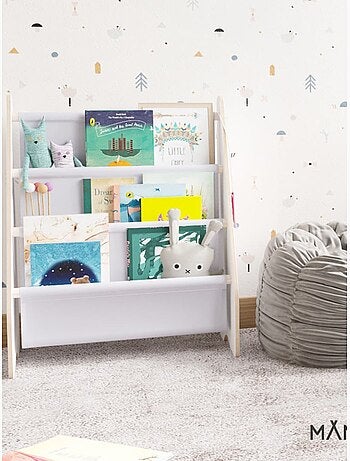 Bibliothèque enfant MAMOI en bois blanc & tissu – 52×25×63 cm