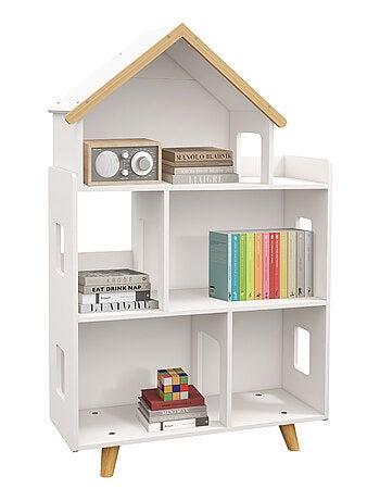 Bibliothèque étagère scandinave design maison 5 niches étagère pieds effilés bois pin MDF blanc