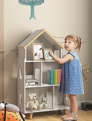 Bibliothèque étagère scandinave design maison 5 niches étagère pieds effilés bois pin MDF blanc