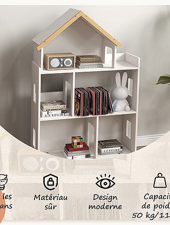 Bibliothèque étagère scandinave design maison 5 niches étagère pieds effilés bois pin MDF blanc