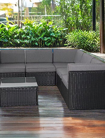 BIMINI - Salon de jardin 5 places en résine tressée avec table noir et gris