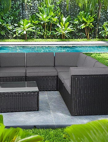 BIMINI - Salon de jardin 5 places en résine tressée avec table noir et gris