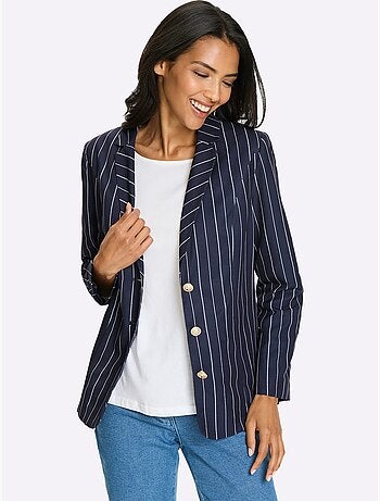 Blazer à motif rayé marin avec col à revers et boutons dorés - Taille standard - Moda Vilona