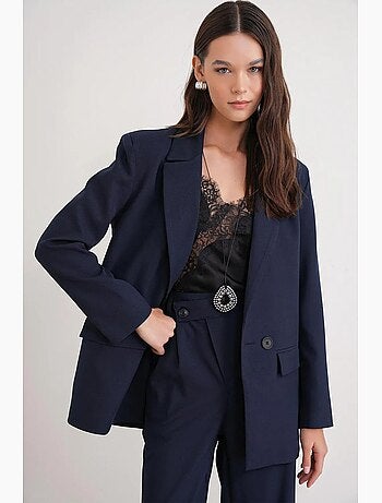Blazer boutonné à manches longues avec détails en plumes artificielles mixray