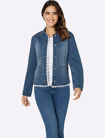 Blazer en jean avec col chemise et manches longues à dentelle - Taille standard - Moda Vilona