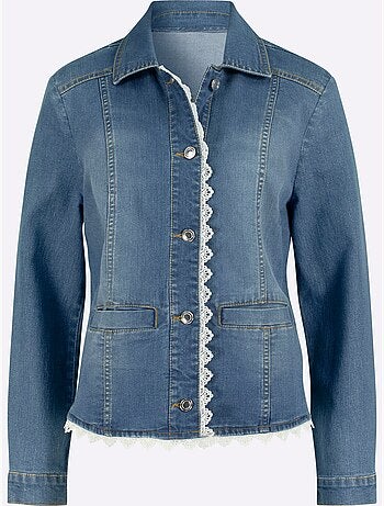 Blazer en jean avec col chemise et manches longues à dentelle - Taille standard - Moda Vilona