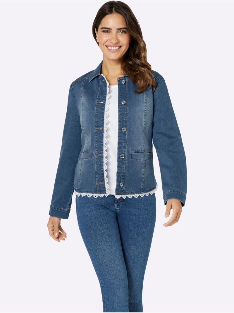 Blazer en jean avec col chemise et manches longues à dentelle - Taille standard - Moda Vilona Bleu Blanc - Kiabi