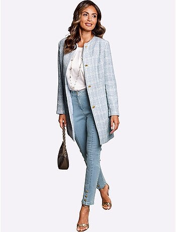 Blazer long à carreaux en fil bouclé manches longues boutons fantaisie - Taille standard - Witt