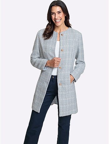 Blazer long à carreaux en fil bouclé manches longues boutons fantaisie - Taille standard - Witt