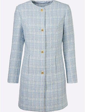 Blazer long à carreaux en fil bouclé manches longues boutons fantaisie - Taille standard - Witt