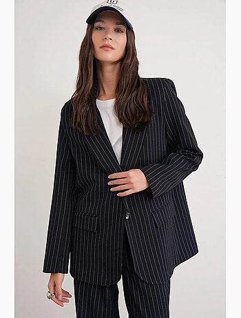 Blazer midi rayé avec détail de plumes artificielles mixray