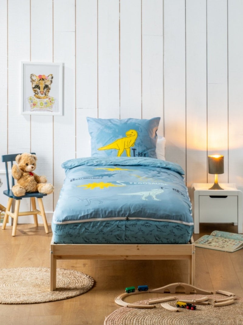 Bleu Câlin - Caradou® T-rex Avec Couette 90x190cm Parure Enfant Dinosaure Bleu Jaune - Kiabi