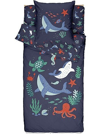 Bleu Câlin Caradou® Océan Parure de Lit Enfant : Couchage Tout-en-Un avec Couette - 90x190cm
