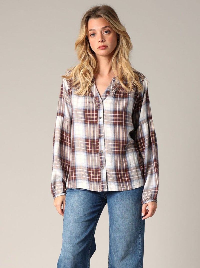 Blouse à carreaux avec détails brodés
 'Deeluxe' Marron - Kiabi