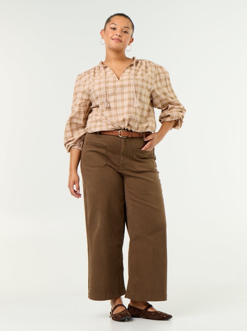 Blouse à carreaux avec encolure nouée Beige - Kiabi
