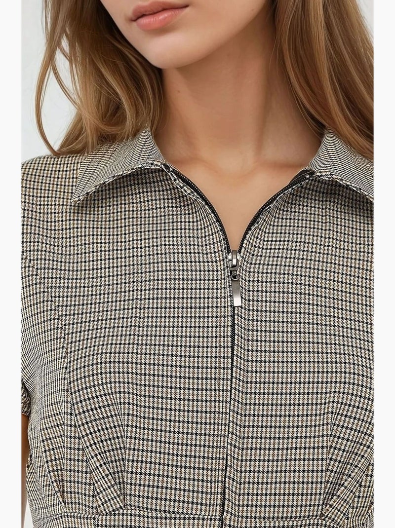 Blouse à carreaux cintrée col chemise hiccup Crème - Kiabi
