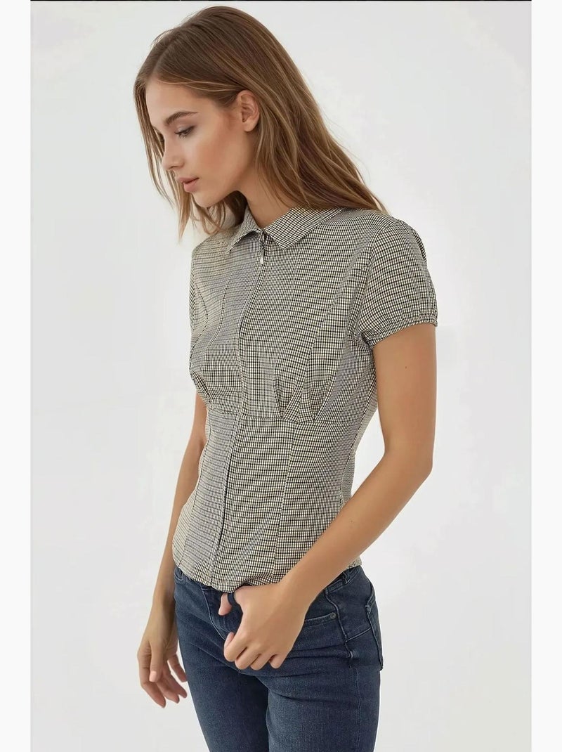 Blouse à carreaux cintrée col chemise hiccup Crème - Kiabi