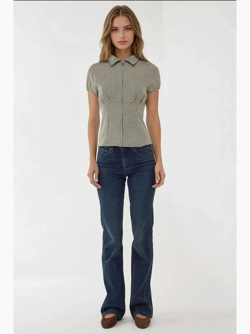 Blouse à carreaux cintrée col chemise hiccup Crème - Kiabi