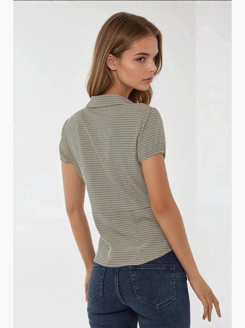 Blouse à carreaux cintrée col chemise hiccup Crème - Kiabi