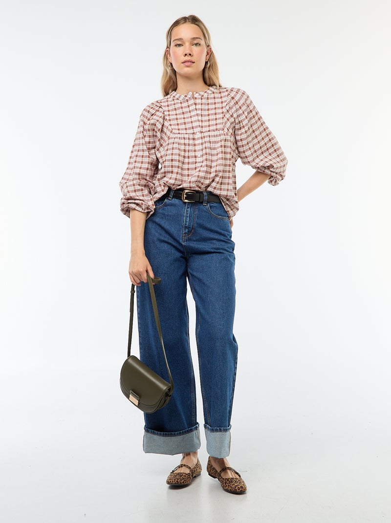 Blouse à carreaux  ouverture boutonnée au col Beige - Kiabi