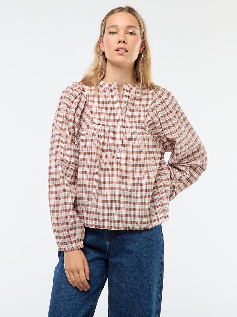 Blouse à carreaux  ouverture boutonnée au col Beige - Kiabi