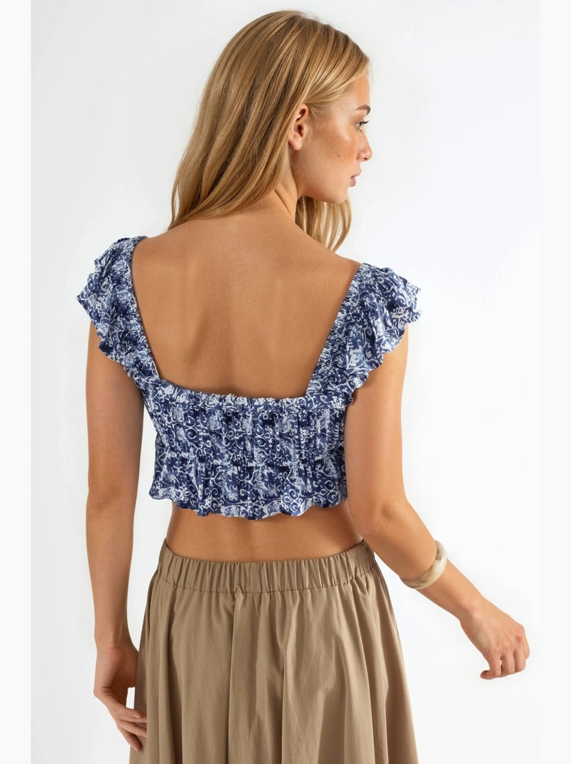 Blouse à col carré volanté imprimée busem Bleu marine - Kiabi