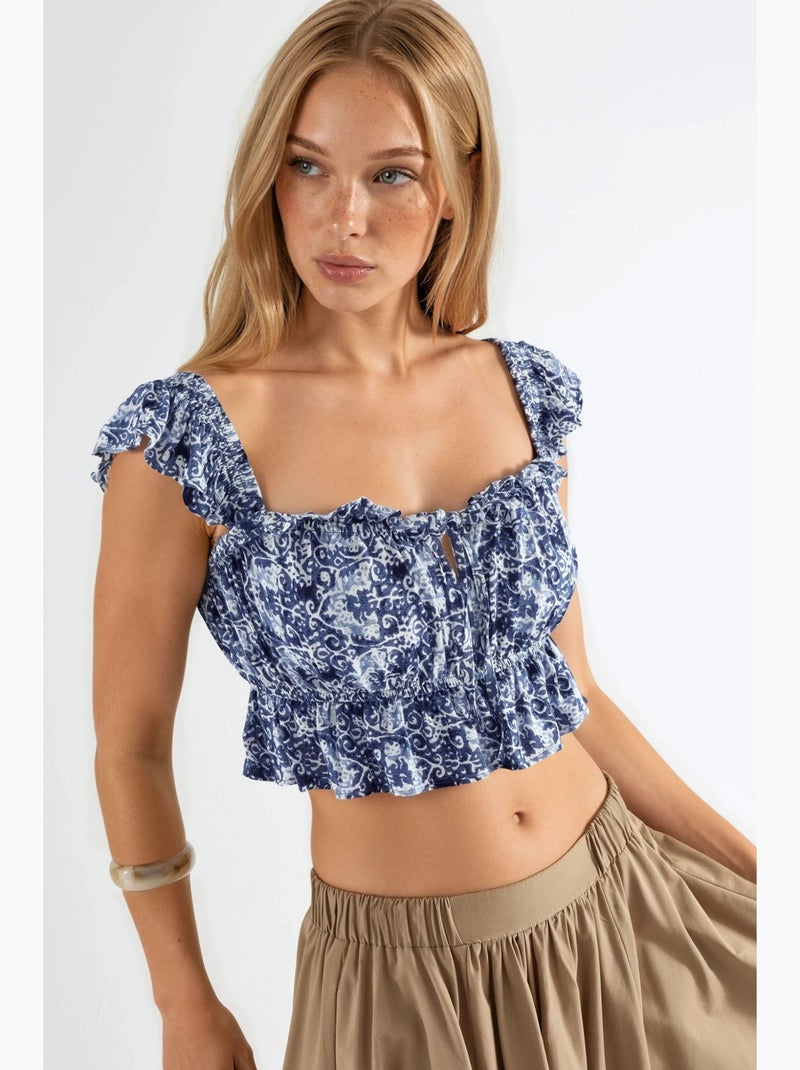 Blouse à col carré volanté imprimée busem Bleu marine - Kiabi