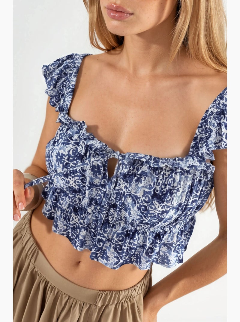 Blouse à col carré volanté imprimée busem Bleu marine - Kiabi