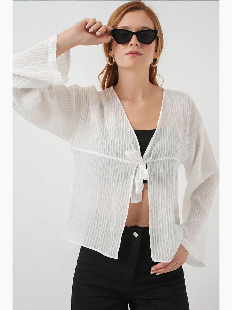 Blouse à col en v et nœud bdart Blanc - Kiabi