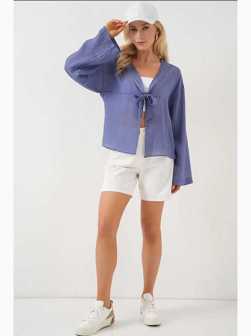 Blouse à col en v et nœud bdart Bleu foncé - Kiabi
