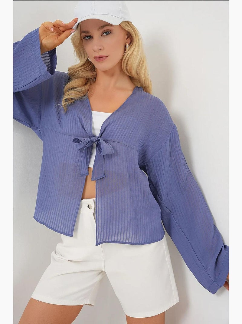 Blouse à col en v et nœud bdart Bleu foncé - Kiabi