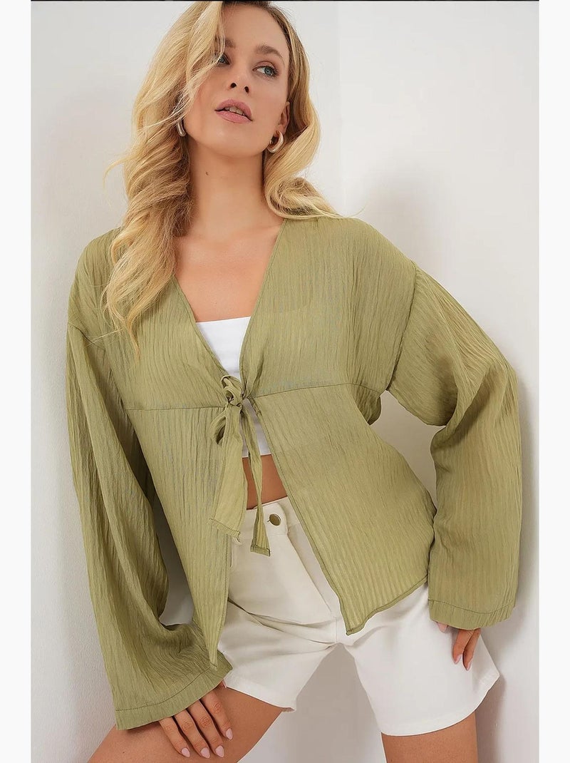 Blouse à col en v et nœud bdart Vert pastel - Kiabi
