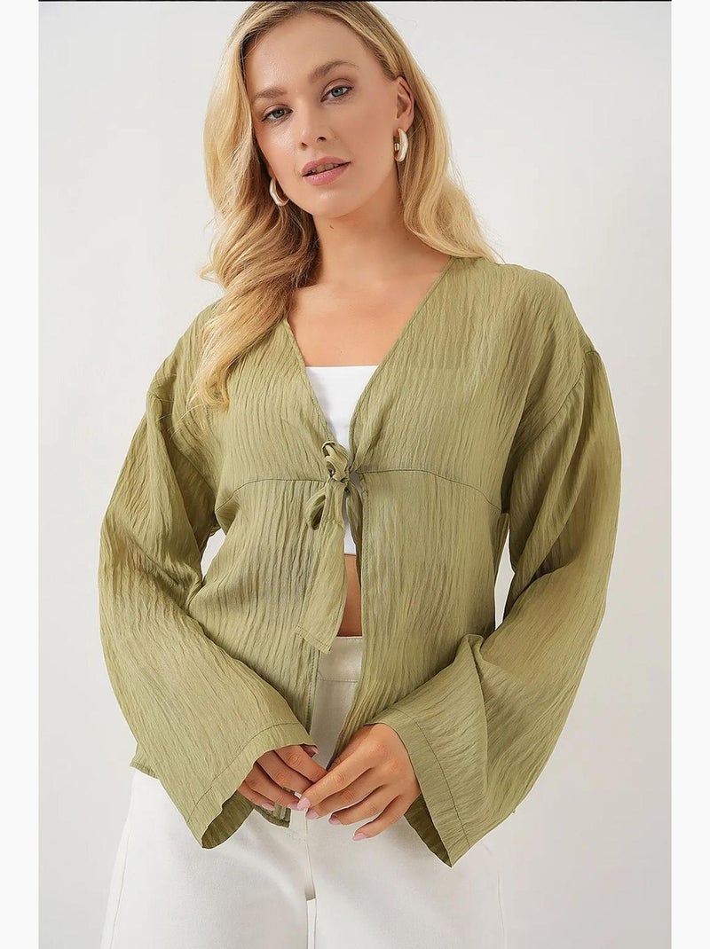 Blouse à col en v et nœud bdart Vert pastel - Kiabi