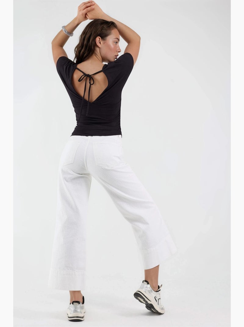 Blouse à col v avec détail nœud busem Noir - Kiabi