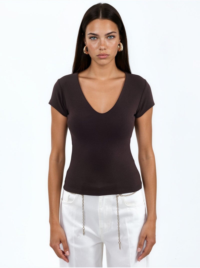 Blouse à col v en mélange modal et coton busem Marron chocolat - Kiabi