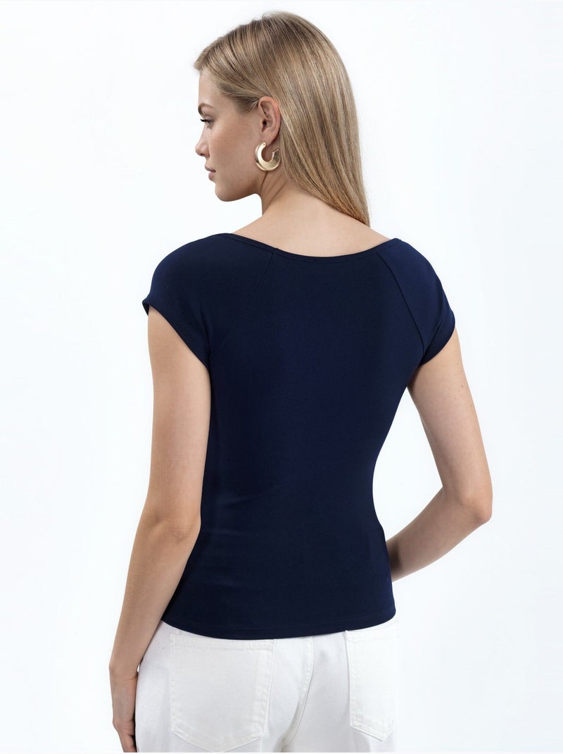 Blouse à col v et manches courtes avec drapé busem Bleu marine - Kiabi