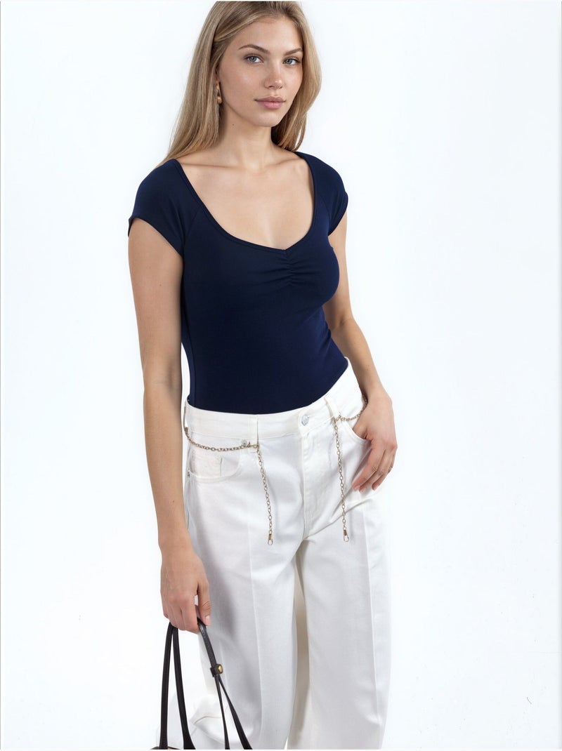 Blouse à col v et manches courtes avec drapé busem Bleu marine - Kiabi