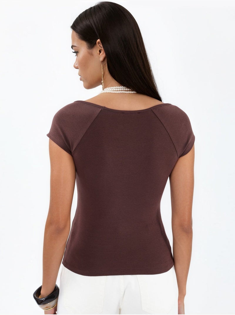 Blouse à col v et manches courtes avec drapé busem Marron - Kiabi