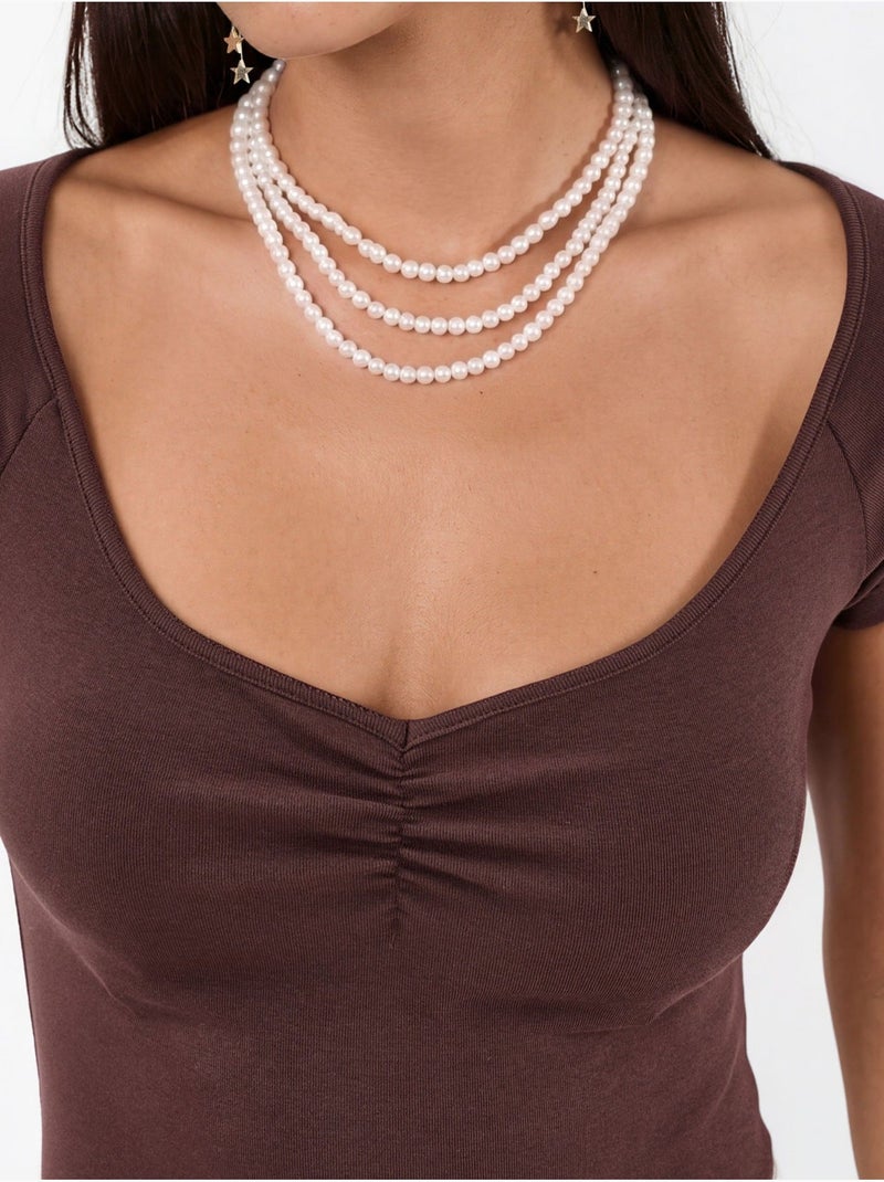 Blouse à col v et manches courtes avec drapé busem Marron - Kiabi